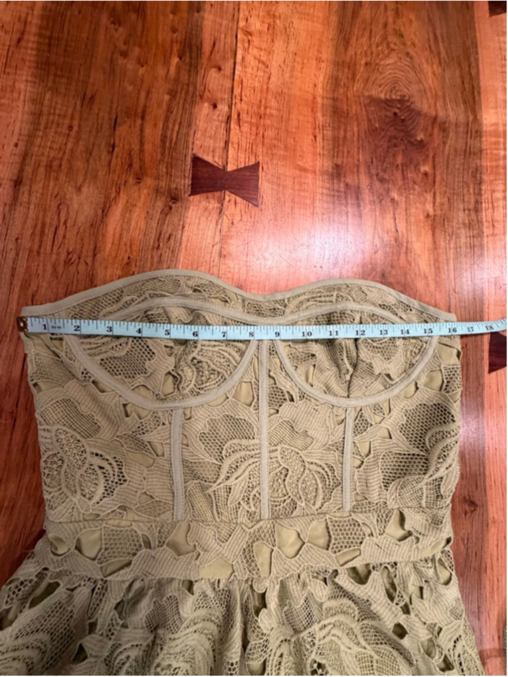 Glam Sage Green Lace Corset Maxi Dress Strapless Cutout Crochet Floral XL Summer - Picture 7 of 11